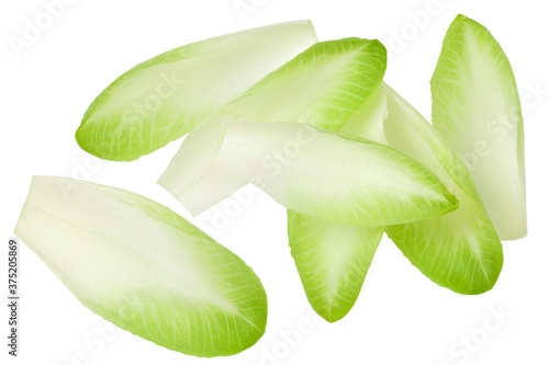 Chicory salad leaves isolated on white background with clipping path and full depth of field. Top view. Flat lay