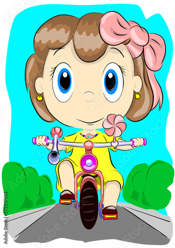 Little girl with a ribbon in her hair rides along the path of the bike among the trees on the bike has a horn and a pinwheel hand-drawn vector illustration on a blue background