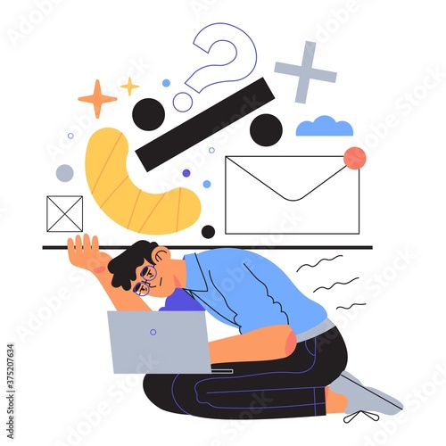 Tired and exhausted employee work under pressure. Stressful job, professional burnout, deadline concept. Business metaphore. Man holding on his back and shoulders too much work responsibilities.