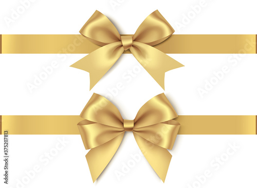 Decorative gold bow with horizontal golden ribbon. Set of bows for page decor isolated on white background. Vector stock illustration photo