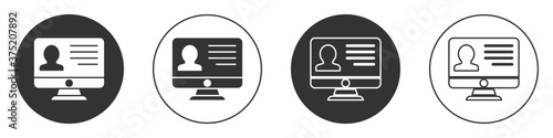 Black Computer monitor with resume icon isolated on white background. CV application. Searching professional staff. Analyzing personnel resume. Circle button. Vector.