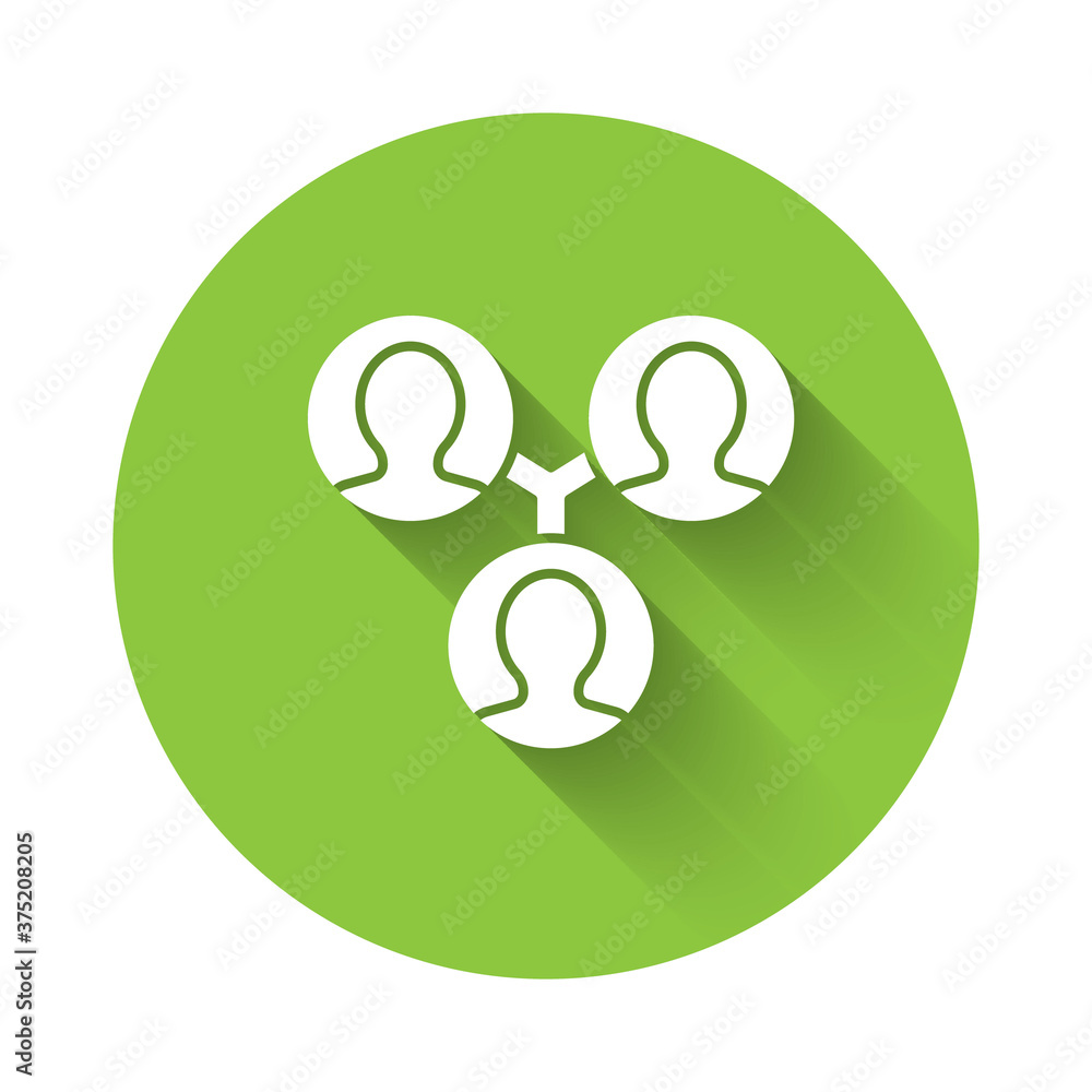 White Project team base icon isolated with long shadow. Business analysis and planning, consulting, team work, project management. Green circle button. Vector. White Project team base icon isolated with long shadow. Business analysis and planning, consulting, team work, project management. Green circle button. Vector.