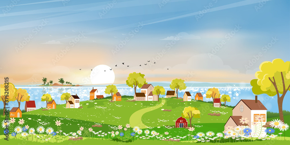 Spring landscape at village by the lake with meadow on hills with blue sky,Panoramic countryside by the sea with green field,farmhouse, barn and grass flowers,Vector Summer or Spring nature background Spring landscape at village by the lake with meadow on hills with blue sky,Panoramic countryside by the sea with green field,farmhouse, barn and grass flowers,Vector Summer or Spring nature background