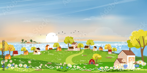 Spring landscape at village by the lake with meadow on hills with blue sky Panoramic countryside by the sea with green field farmhouse  barn and grass flowers Vector Summer or Spring nature background