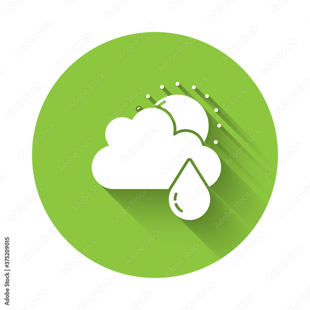 White Cloud with rain and sun icon isolated with long shadow. Rain cloud precipitation with rain drops. Green circle button. Vector. White Cloud with rain and sun icon isolated with long shadow. Rain cloud precipitation with rain drops. Green circle button. Vector.