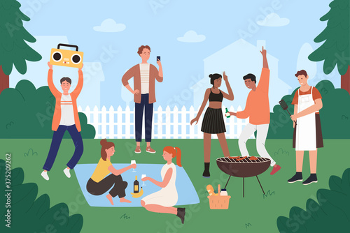 People on bbq party vector illustration. Cartoon flat young hipster friends have fun at backyard bbq grilling picnic, happy teen group characters cooking on grill, eating grilled food background