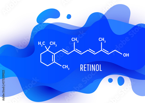 Vitamin A or retinol structural chemical formula with liquid fluid shapes on white background