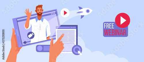 Free online webinar vector concept with man tutor training online, hands, rocket. E-learning or digital seminar illustration. Video webinar or online internet training flat background with teacher