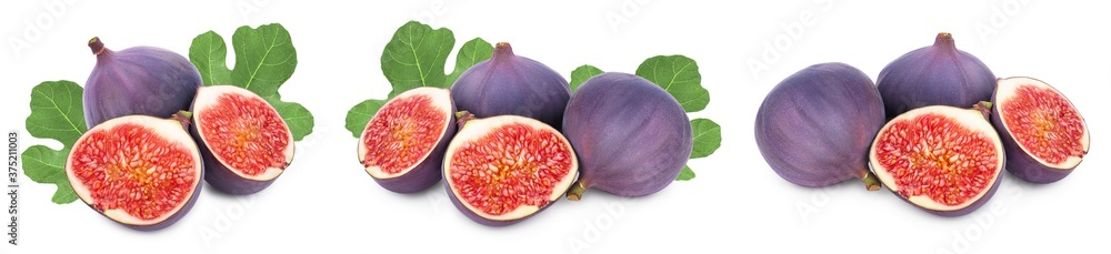 Fresh fig fruit and half with leaves isolated on white background. Set or collection Fresh fig fruit and half with leaves isolated on white background. Set or collection