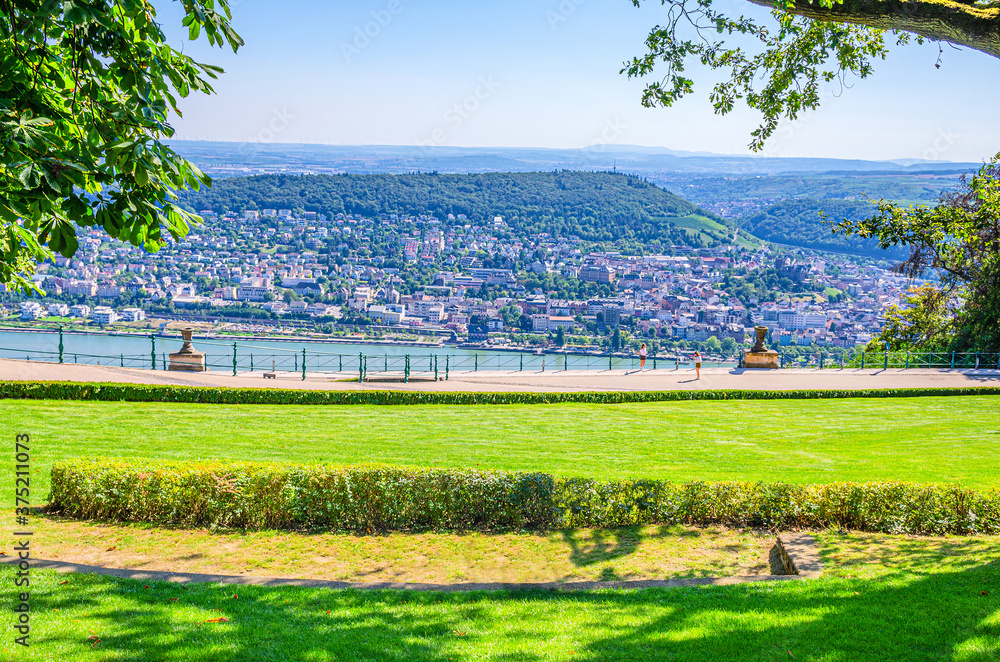 Green grass lawn in forest on Niederwald broad hill on right bank of Rhine river, Rochusberg mountain hill and Bingen am Rhein town background, Rhineland-Palatinate and Hesse states, Germany