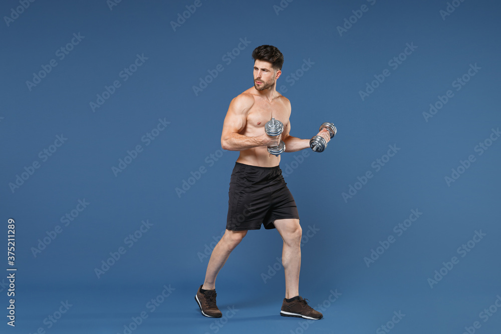 Full length portrait of young bearded fitness sporty strong guy bare-chested muscular sportsman isolated on blue background. Workout sport motivation lifestyle concept. Doing exercise with dumbbells. Full length portrait of young bearded fitness sporty strong guy bare-chested muscular sportsman isolated on blue background. Workout sport motivation lifestyle concept. Doing exercise with dumbbells.