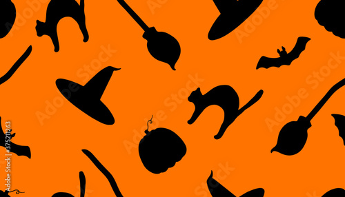 Vector illustration. Seamless pattern with creepy witch's hats and brooms, bats, cats on orange. Hand drawn simple doodle clipart. Mystical, Halloween theme. Banner, cards, wrapping, fabric, textile.