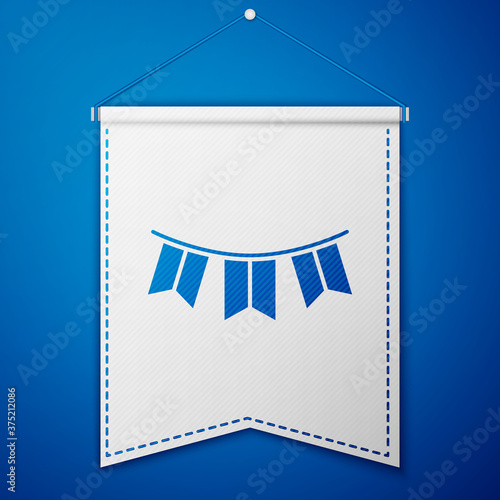 Blue Carnival garland with flags icon isolated on blue background. Party pennants for birthday celebration, festival decoration. White pennant template. Vector.