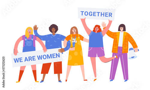 International Women Day. Vector illustration with women different nationalities and cultures. Struggle for freedom, independence, equality. People taking part in parade or rally. Fight for freedom.
