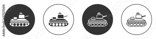 Black Military tank icon isolated on white background. Circle button. Vector.