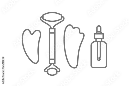 jade face roller and gua sha stone scraper, oil bottle icons