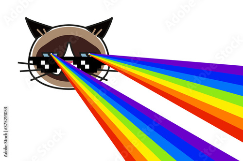 Grumpy cat in pixel glasses with rainbow lasers from eyes