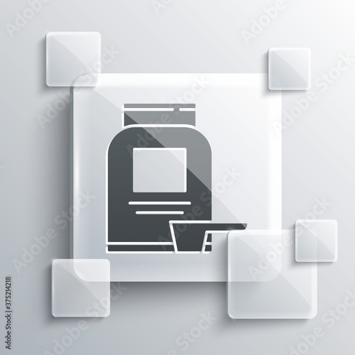 Grey Sports nutrition bodybuilding proteine power drink and food icon isolated on grey background. Square glass panels. Vector.