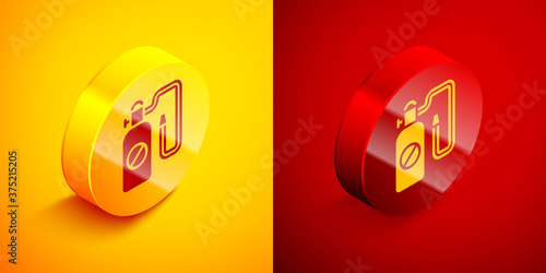 Isometric Pressure sprayer for extermination of insects icon isolated on orange and red background. Pest control service. Disinfectant sprayer. Circle button. Vector.