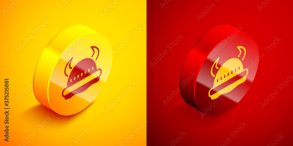 Isometric Viking in horned helmet icon isolated on orange and red background. Circle button. Vector. Isometric Viking in horned helmet icon isolated on orange and red background. Circle button. Vector.