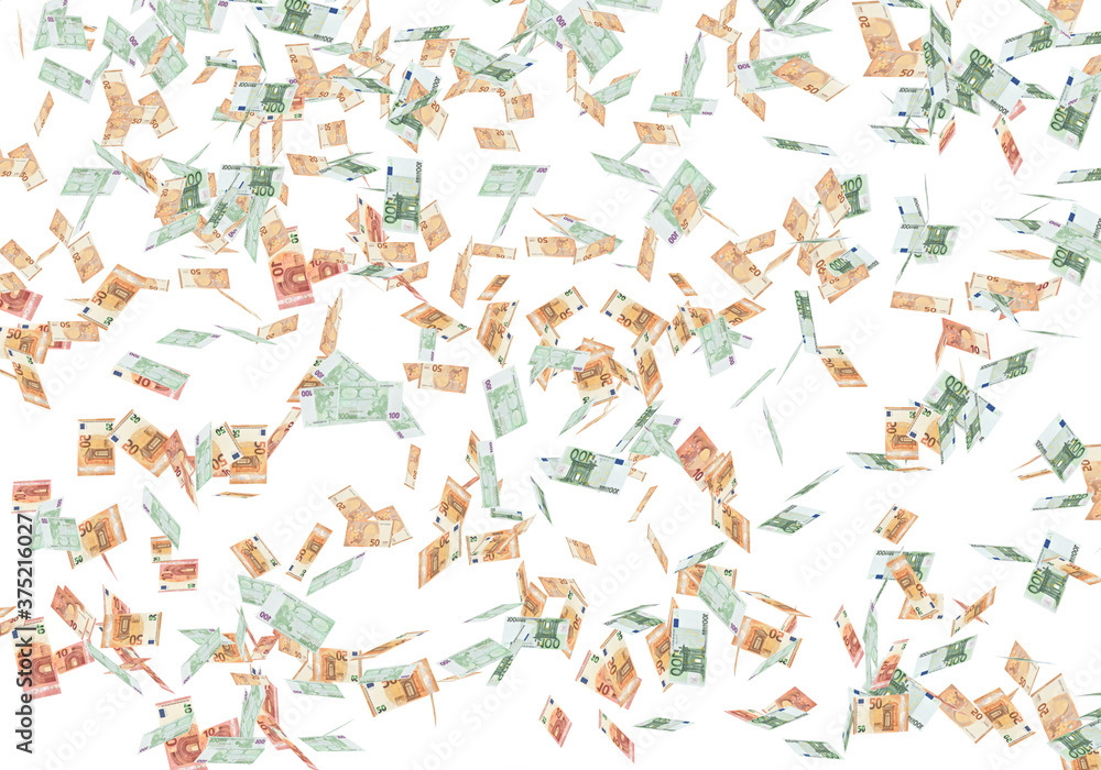 Rain of euro banknotes falling down on the white background. Currency, lottery and success concept.