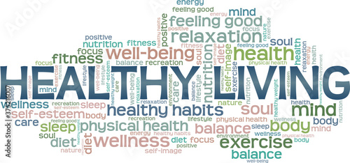 Healthy living vector illustration word cloud isolated on a white background.