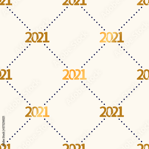 Happy New Year 2021 seamless pattern with polka dot. Vector illustration background in minimalistic geometric style. Christmas eve backdrop with repeated number and small circles