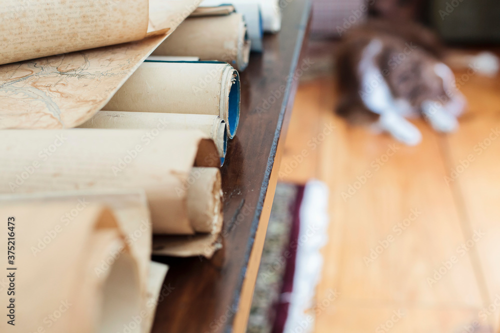 Antique maps and scrolls on a table. Antique maps and scrolls on a table.
