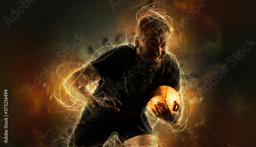 Rugby football player. Sports banner
