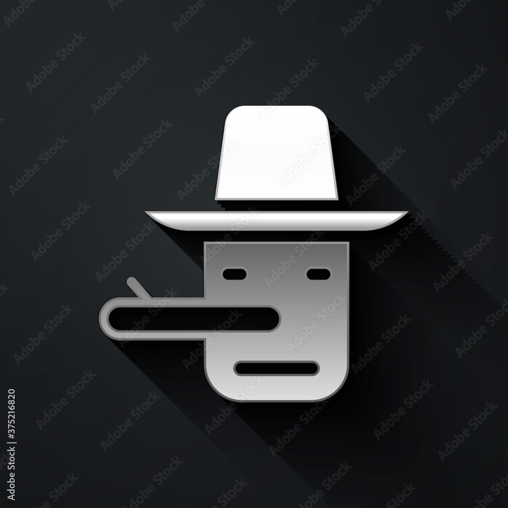 Silver Pinocchio icon isolated on black background. Long shadow style. Vector.