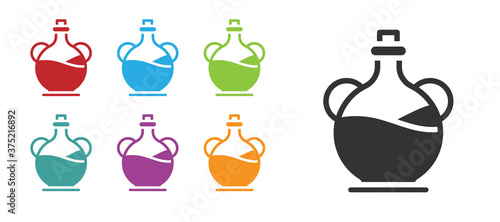 Black Bottle of olive oil icon isolated on white background. Jug with olive oil icon. Set icons colorful. Vector.