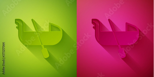 Paper cut Gondola boat italy venice icon isolated on green and pink background. Tourism rowing transport romantic. Paper art style. Vector.