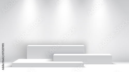 White blank podium with spotlights. Exhibition stand. Pedestal. Scene. Vector illustration.