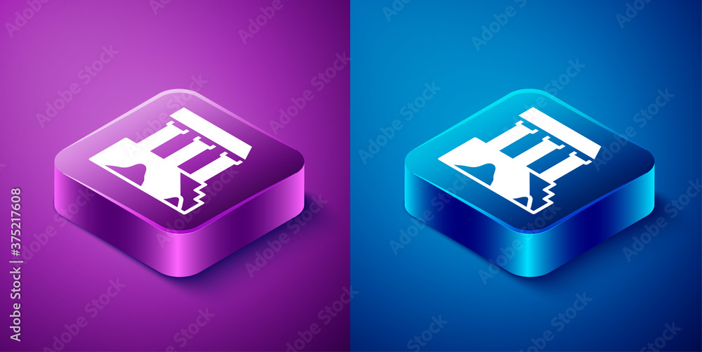 Isometric Parthenon from Athens, Acropolis, Greece icon isolated on blue and purple background. Greek ancient national landmark. Square button. Vector. Isometric Parthenon from Athens, Acropolis, Greece icon isolated on blue and purple background. Greek ancient national landmark. Square button. Vector.