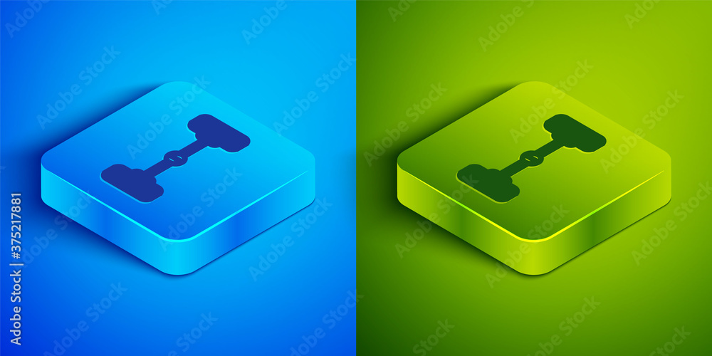 Isometric line Chassis car icon isolated on blue and green background. Square button. Vector Illustration. Isometric line Chassis car icon isolated on blue and green background. Square button. Vector Illustration.