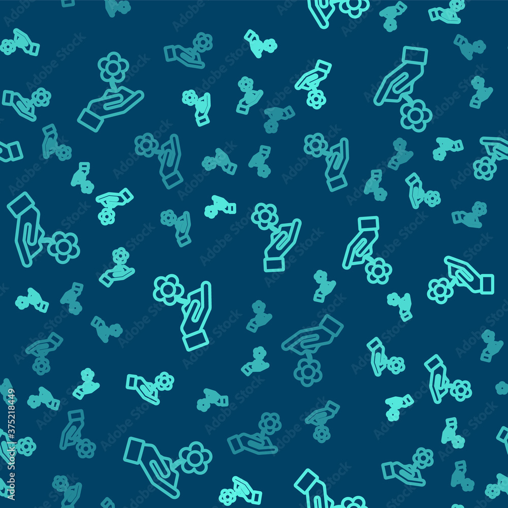 Green line Hand holding flower icon isolated seamless pattern on blue background. Seed and seedling. Planting sapling. Ecology concept. Vector Illustration. Green line Hand holding flower icon isolated seamless pattern on blue background. Seed and seedling. Planting sapling. Ecology concept. Vector Illustration.
