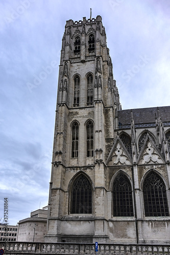 Detail of St. Michael and St. Gudula Cathedral in Brussels, Belgium. Cathedral of St. Michael and St. Gudula - Roman Catholic church on the Treurenberg Hill.