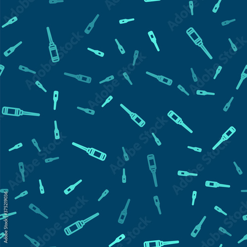Green line Awl tool with wooden handle icon isolated seamless pattern on blue background. Work equipment tailor industry. Vector Illustration.