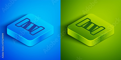 Isometric line Sewing thread on spool icon isolated on blue and green background. Yarn spool. Thread bobbin. Square button. Vector Illustration.