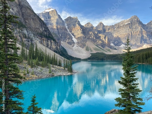Beautiful blue lake with rocky mountains and trees