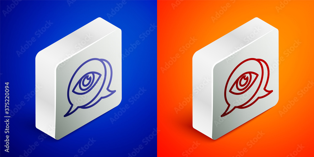 Isometric line Eye scan icon isolated on blue and orange background. Scanning eye. Security check symbol. Cyber eye sign. Silver square button. Vector. Isometric line Eye scan icon isolated on blue and orange background. Scanning eye. Security check symbol. Cyber eye sign. Silver square button. Vector.