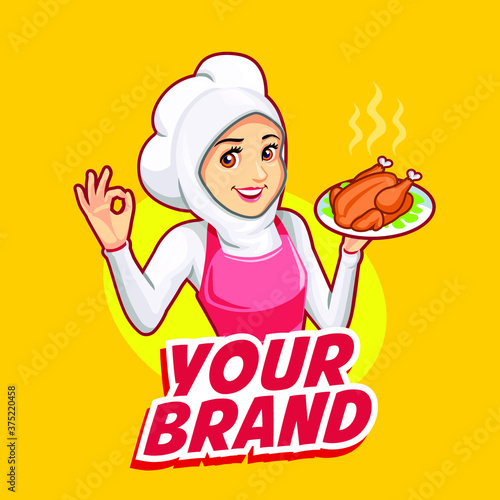chef girl with grilled chicken
