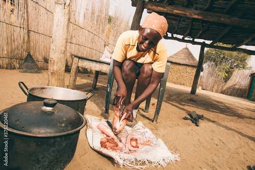 Namibian Hambukushu woman preparing fish photo