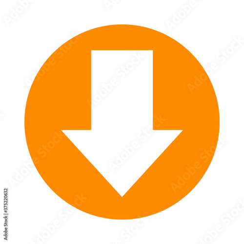 arrow pointing down white in circle orange for icon flat isolated on white, circle arrow for button interface app, arrow sign of next or download upload, arrow simple symbol for direction
