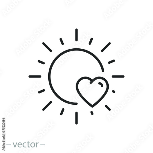 shape heart with sun, icon, love for summer and sunshine, warm emotion, thin line web symbol on white background - editable stroke vector illustration eps 10