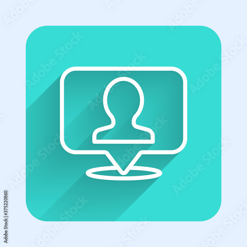 White line Map marker with a silhouette of a person icon isolated with long shadow. GPS location symbol. Green square button. Vector.