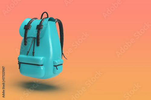 3d render of a cyan leather bagpack floating in air in an orange gradient background with space for text.travel packing concept photo