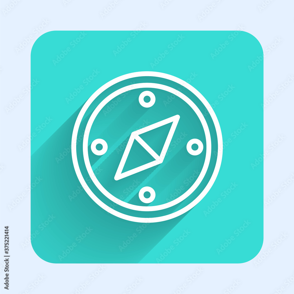 White line Compass icon isolated with long shadow. Windrose navigation symbol. Wind rose sign. Green square button. Vector. White line Compass icon isolated with long shadow. Windrose navigation symbol. Wind rose sign. Green square button. Vector.