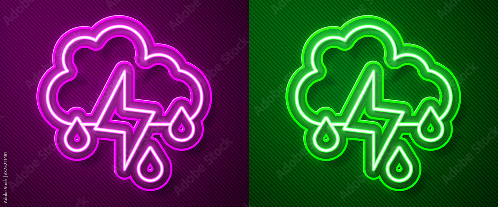 Obraz premium Glowing neon line Cloud with rain and lightning icon isolated on purple and green background. Rain cloud precipitation with rain drops.Weather icon of storm. Vector.