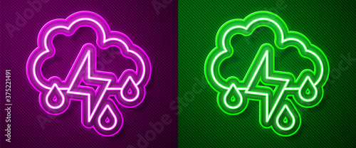 Glowing neon line Cloud with rain and lightning icon isolated on purple and green background. Rain cloud precipitation with rain drops.Weather icon of storm. Vector.